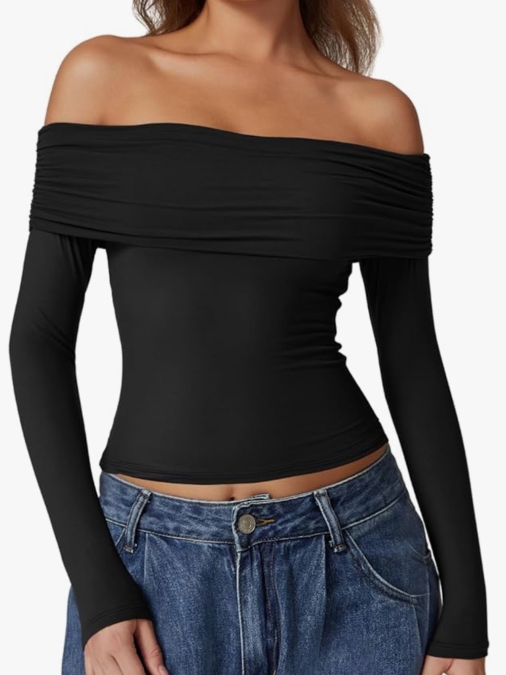 QINSEN Off The Shoulder Double Lined Long Sleeve Top
